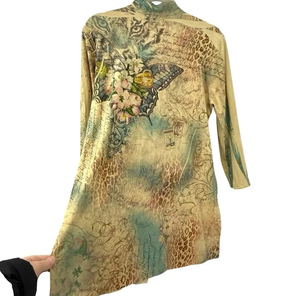 Faux Suede Butterfly Cat Print Tunic Top Women size Medium Button Up Y2K Artsy - Picture 5 of 11